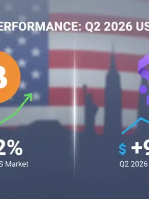 Gráfico comparativo de rendimientos de Bitcoin (22%) y Solana (9%) en el mercado de EE.UU. durante el segundo trimestre de 2026.