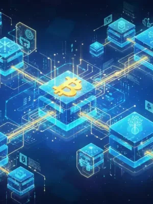 Ilustración de las capas de seguridad de Bitcoin: validación, Merkle Trees y prueba de trabajo.