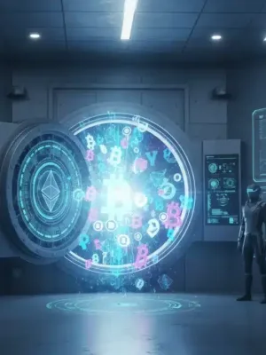 Bóveda bancaria moderna con elementos digitales que simbolizan criptomonedas, representando la custodia segura de activos digitales.