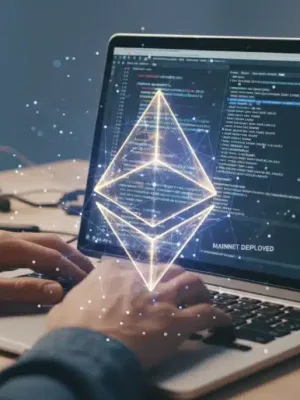 Manos de desarrollador codificando con el logo de Ethereum superpuesto, simbolizando la implementación de contratos inteligentes.